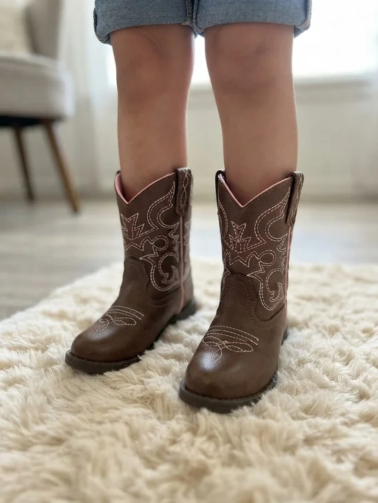 wonder nation Brown Girls' Cowboy Boots with Pink Trim Very Good