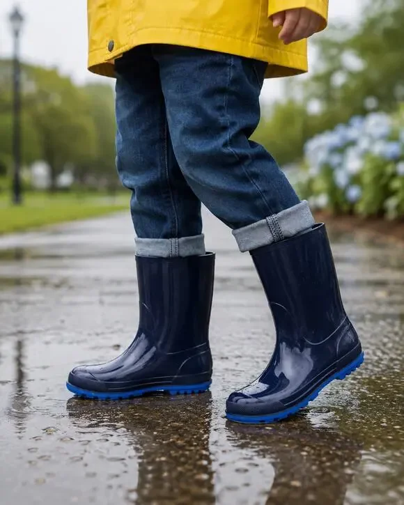 Unisex Kids Navy/Blue Rubber Rain Boots Pull-On Mid-Calf Round Toe Size 3