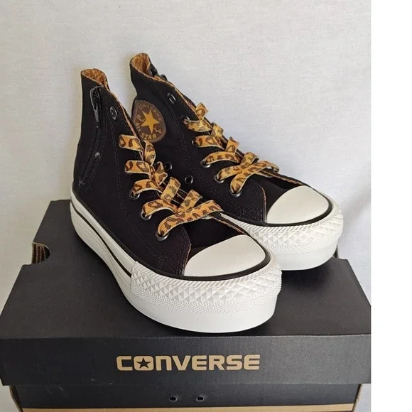 Converse Chuck Taylor All Star Platform Zip Black Leopard Pinecone‎ Kids 11 New