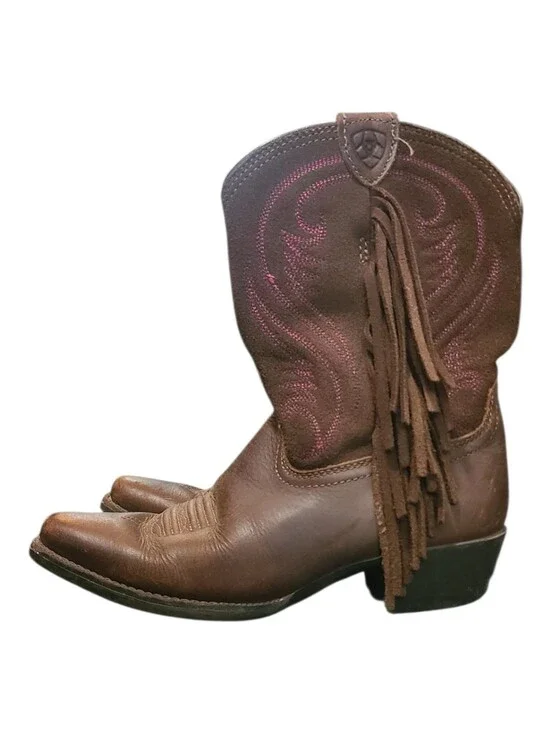 Girls Brown Leather Cowboy Boots with Fringe and Pink Stitching 13