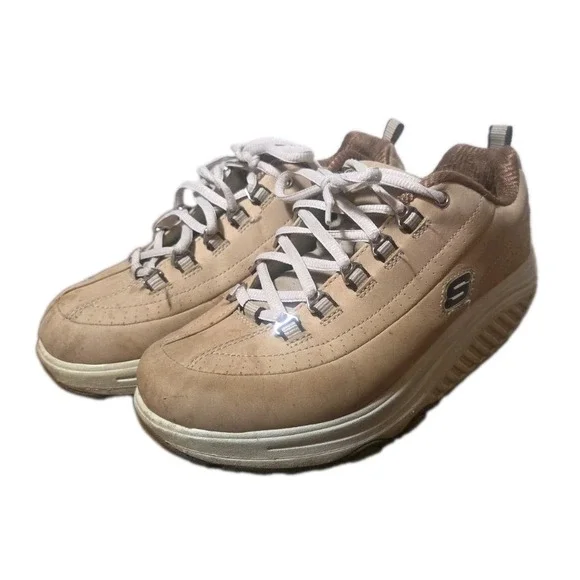 Sketchers Shape Ups Womens Size 7.5 Tan Suede Lace Up Curved Sole Walking Shoe