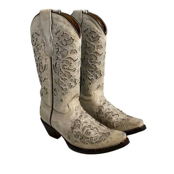 Corral Teens size 2.5 off/white/tan with glitter inlay western pull on  boots