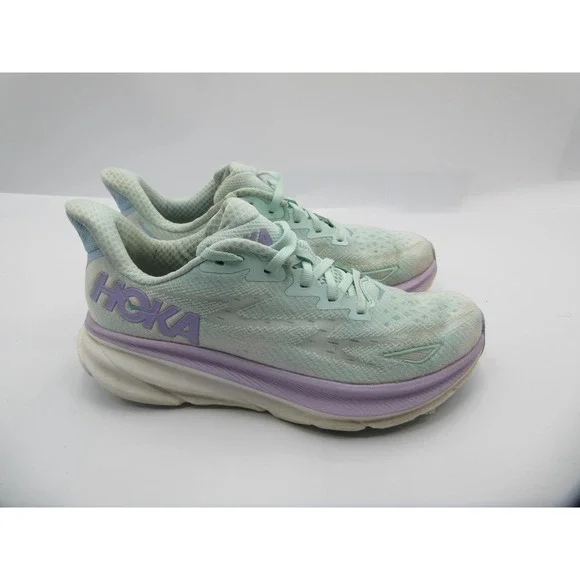 Hoka One‎ One Clifton 9 Running Shoes Womens Size 7.5 Mint Green Purple Sneakers