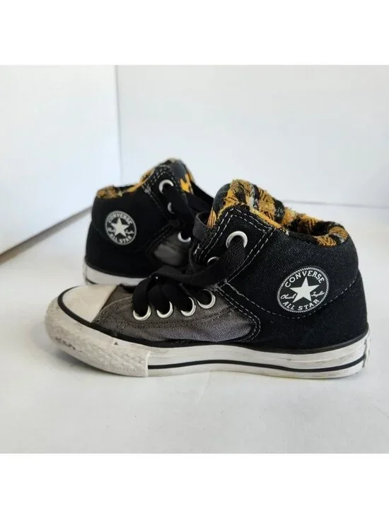 Converse Kids Black Gray Hi Top Sneakers Shoes Yellow Plaid Skater School 11