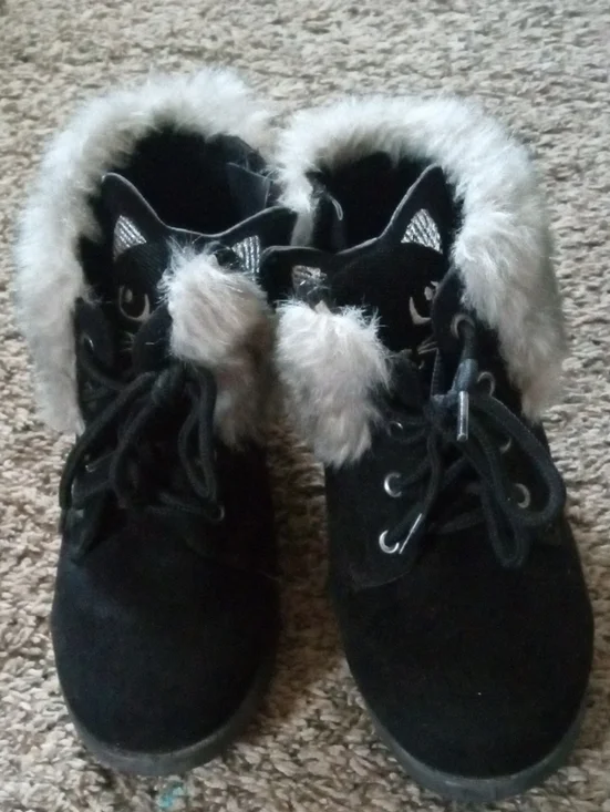 Girl's Black Faux-Fur Trim Winter Ankle Boots