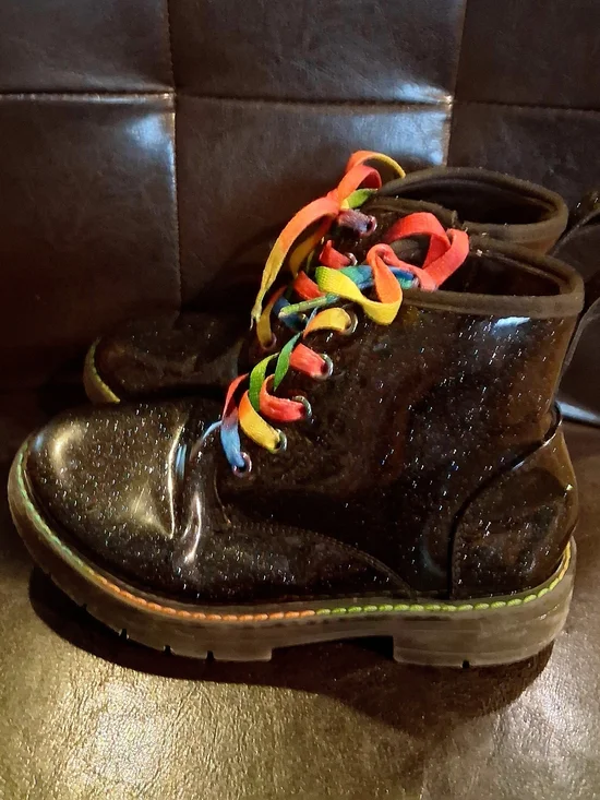Kids Black Glitter Ankle Boots with Rainbow Laces