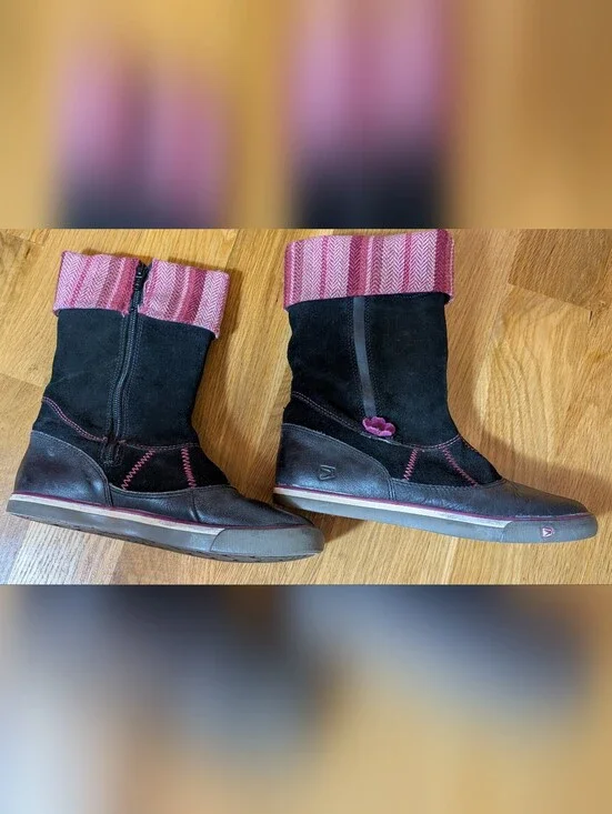 Keen Magalia Girls Black and Pink Suede Mid-Calf Boots with Fold-Over Cuff