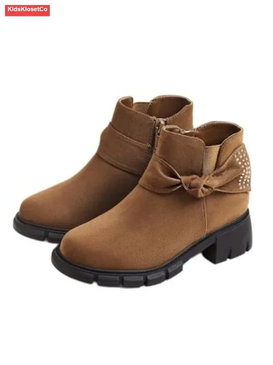 Girls Ankle Boots Block Heel Glitter Bow Zipper Chelsea Booties