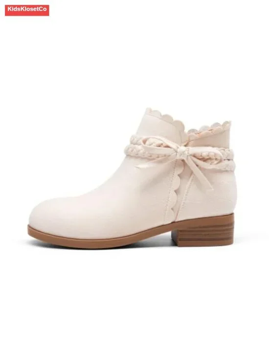 Girls Ankle Boots Low Heel Faux Suede Bow Braided Strap Zip Closure Dress Shoes