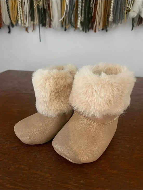 Faux Fur Trim Baby Booties - Beige Sparkle Laura Ashley  size 1