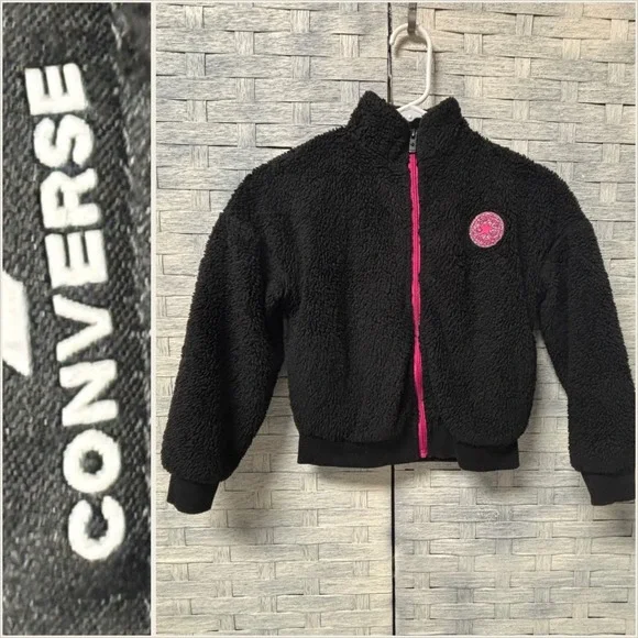Kids Converse Black Sherpa Fleece Jacket with Pink Zipper Logo Size S 8 10 Years