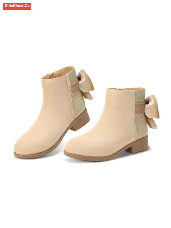 Girls Glitter Ankle Boots Bow Chunky Low Heel Zip Dress Booties Faux Suede Faux