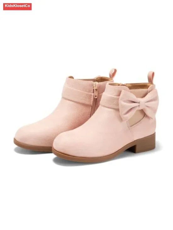 Girls Bow Ankle Boots Suede Low Chunky Heel Chelsea Zipper Booties