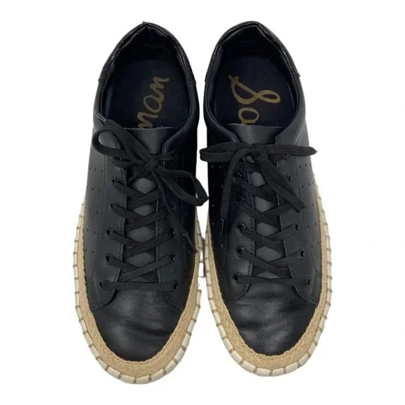 Sam Edelman Women's Kavi Leather Sneakers Black Casual Espadrille Trim Size 7