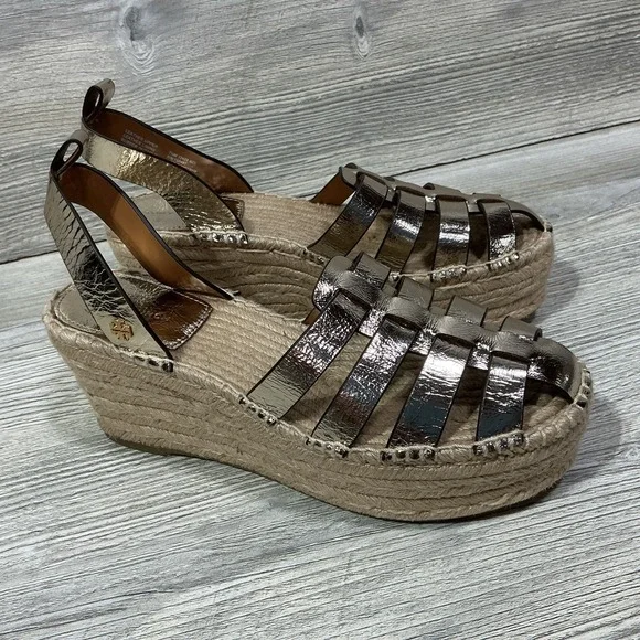 NEW Tory Burch Fisherman Espadrille Platform Wedge Sandal in Spark Gold Size 7.5