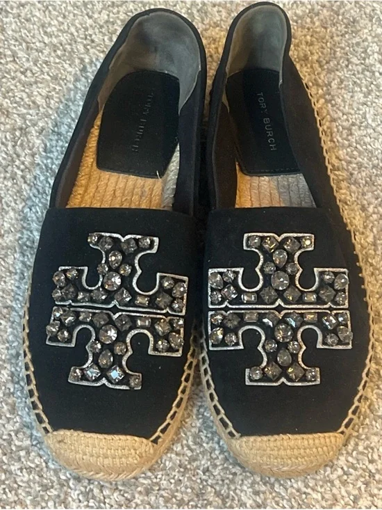 New!! Without tags. Tory Burch Black Suede Espadrille Flats with Crystal Logo