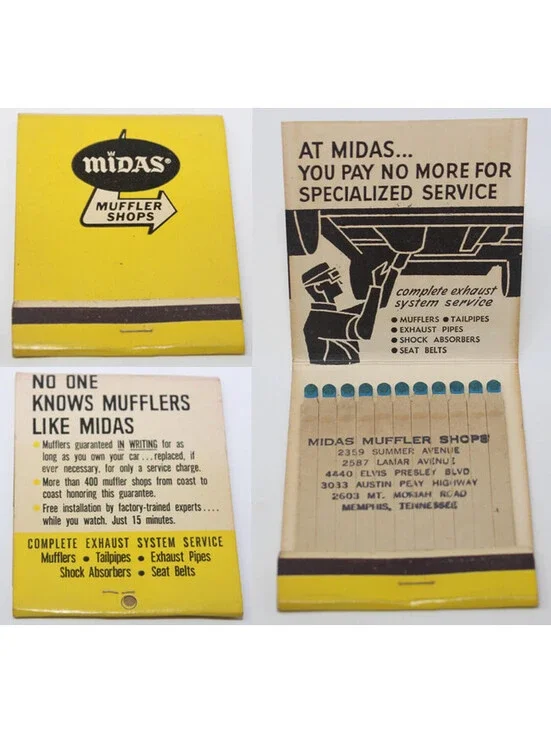 Vintage Matchbook Midas Muffler Shops 5 Memphis Locations 1960s Unused Unstruck