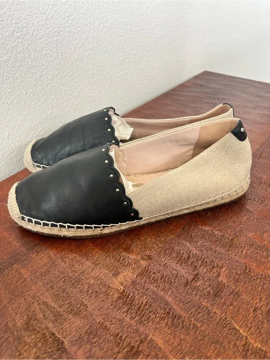 Kate‎ Spade Gardenia Leather Canvas Flat Espadrille Black Tan Preppy Size 10