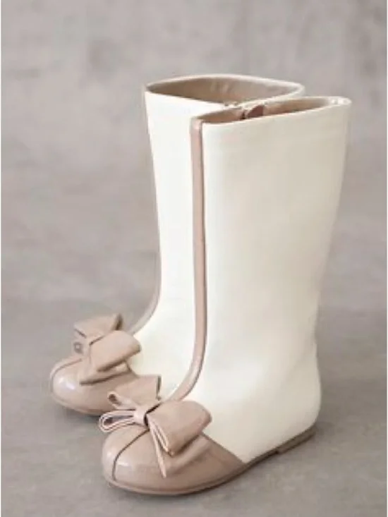 Joyfolie Cream and Beige Bow-Trim Mid-Calf Heeled Boots