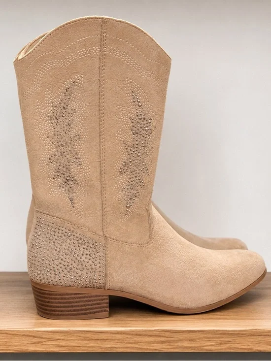 Girls Tan Western Ankle Boots with Stud Embellishments