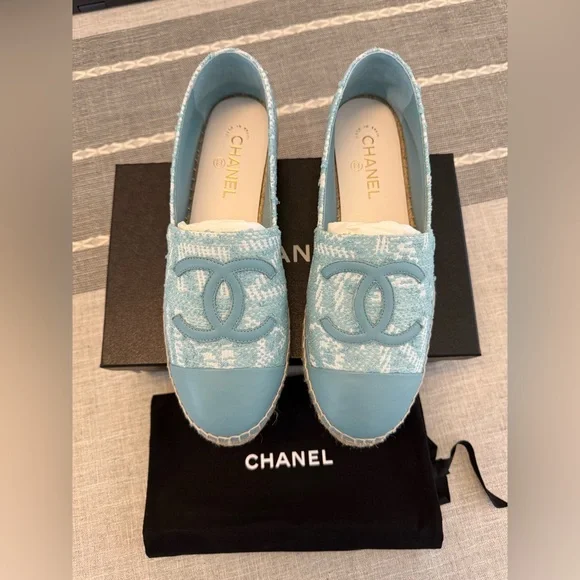 CHANEL Light Aqua Blue Tweed & Leather Espadrilles - Size 42