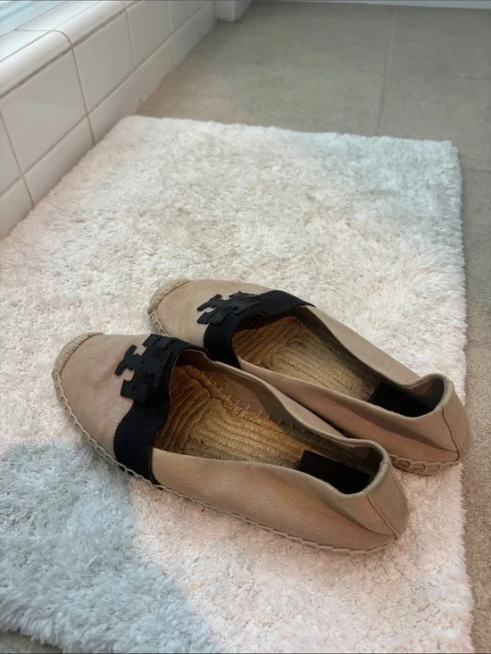 Tory Burch Tan Canvas Espadrille Flats with Black Logo Band