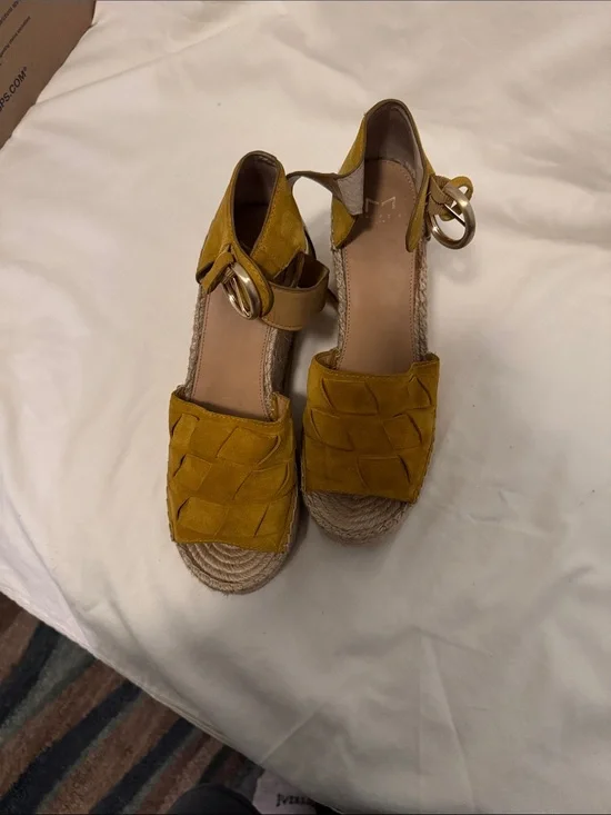 Marc Fisher Mustard Suede Espadrille Wedge Sandals with Ankle Buckle