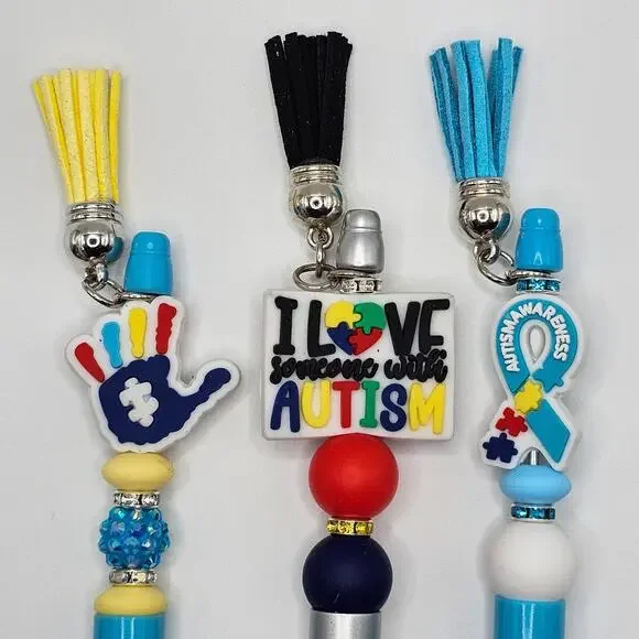 Autism Awareness Beaded Ink Pen with Tassel Charm Silicone Focal Bead SET OF 3