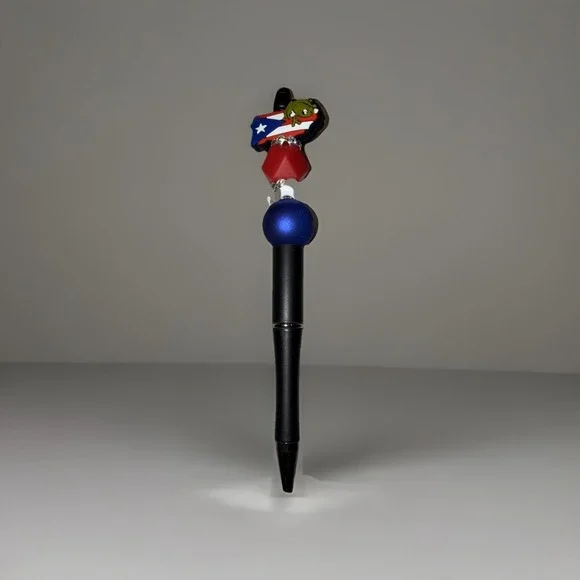 Puerto Rico Custom Handmade Beaded Pen PR Map Flag Coqui Blue Ink Retractable