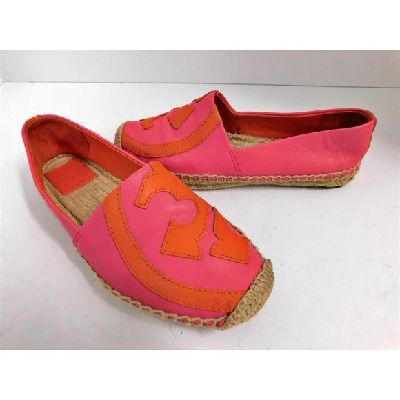 Tory Burch‎ Shaw Pink Red Leather Medallion Logo Espadrille Flat 5.5