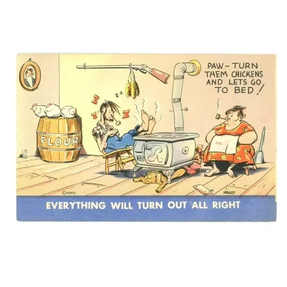Vintage Postcard Humor Paw Turn‎ Them Chickens & Lets Go To Bed Everything Be Ok