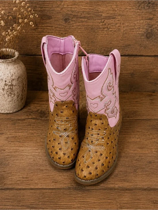 PAWZ Girls Pink and Brown Western Pull-On Boots