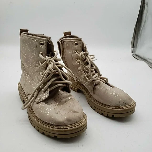Elia Shoes Kids Size 3 Beige Speckled Combat Ankle Boots Lace Up Zip Lined