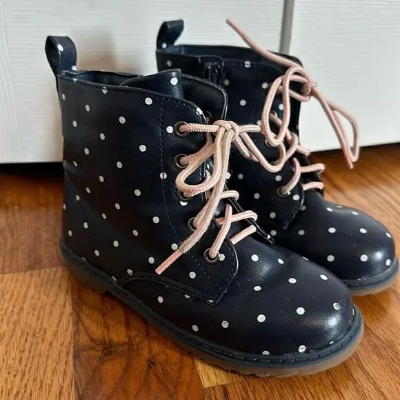 Old Navy Navy Blue Polka Dot Lace Up Utility Boots Girls size Toddler 10