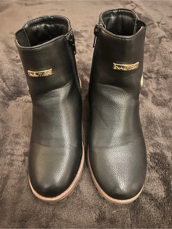 Nautica Black Ankle Boots with Gold Logo Plaques