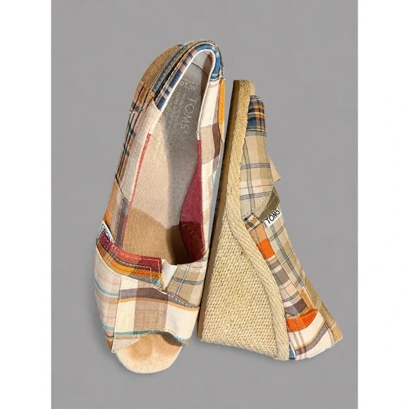 Toms Madras Plaid 10 Patchwork Espadrille Wedge Peep Toe Shoes boho