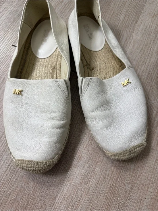 Michael Kors Cream Leather Espadrille Flats with Gold MK Accent