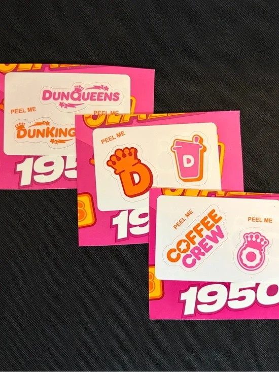 3 Dunkin' Stickers DunKings DunQueens from Meal Deal Box Peel Me