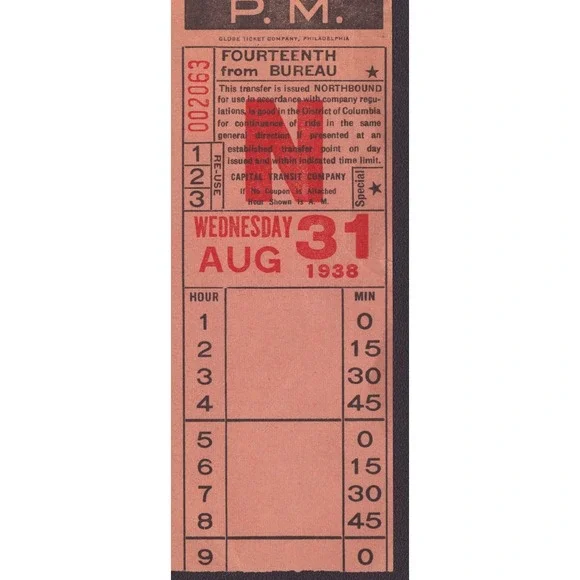 Vintage 1938 Capital Transit Co Washington DC Paper Transfer Ticket Aug 31