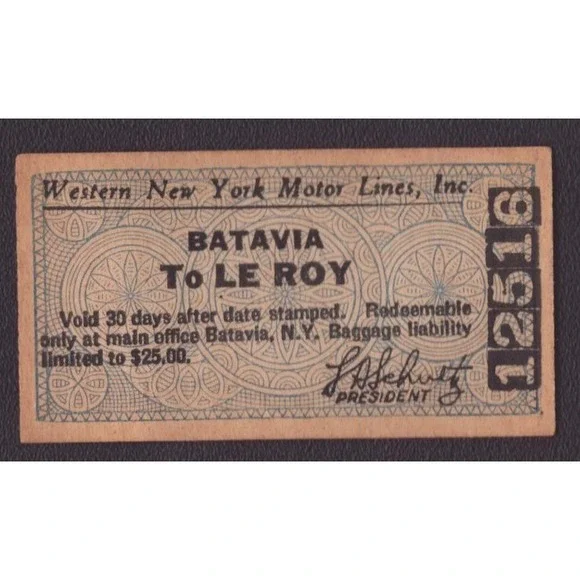 Western New York Motor Lines Batavia to Le Roy Vintage Bus Ticket 12516