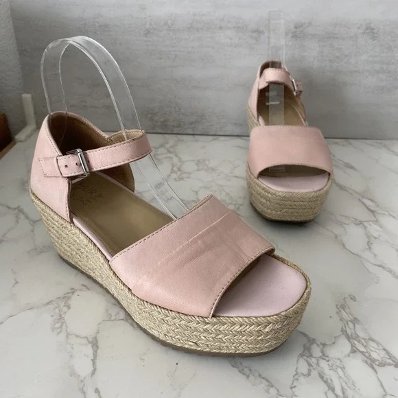 Naturalizer Espadrilles Sandals Women Sz 7.5 Pink Leather Platform Mid Heel‎
