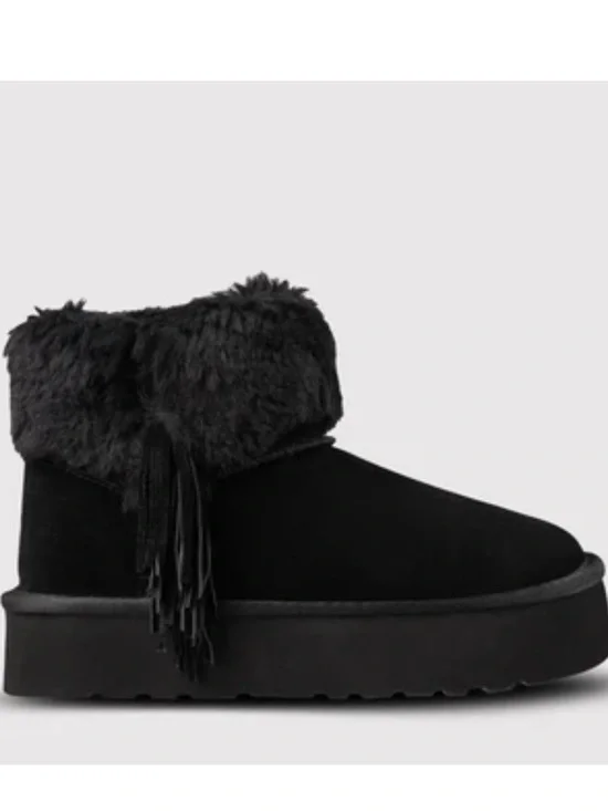 NIB LAMO Women's Black Leather Fur Ankle Platform Boot Size 5=Girls 3.5