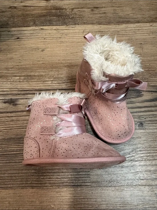 Baby Pink Faux-Fur Lined Booties with Satin Ribbon