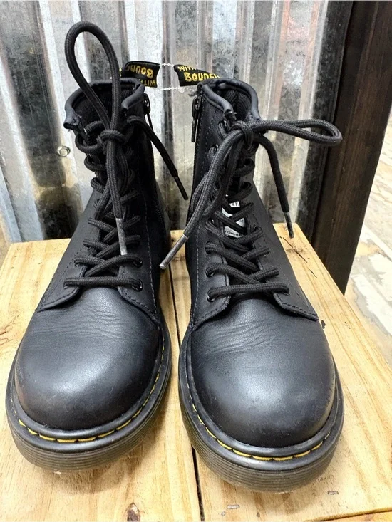 Dr. Martens Kids Black Leather Lace-Up Boots with Yellow Stitching