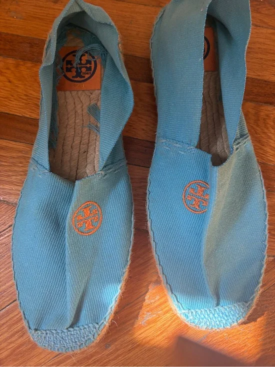 Tory Burch Turquoise Canvas Espadrilles with Orange Logo