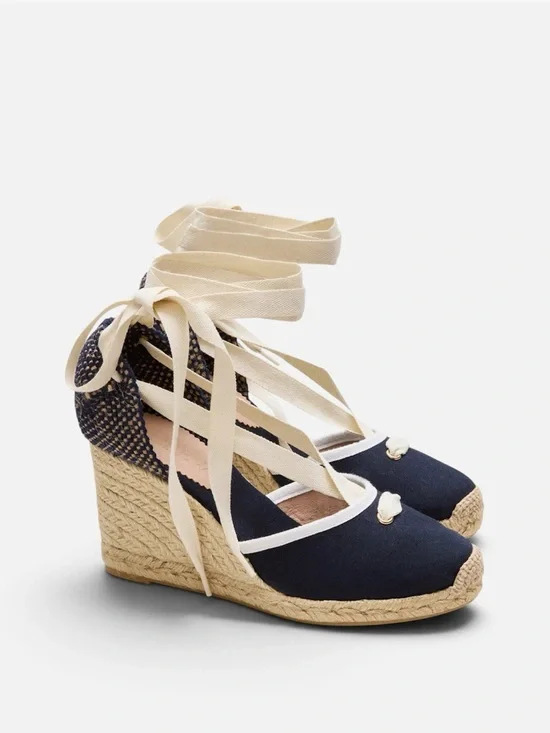 J.Crew Crochet Lace-Up Espadrille Wedges NWT Navy Cottagecore Size 8