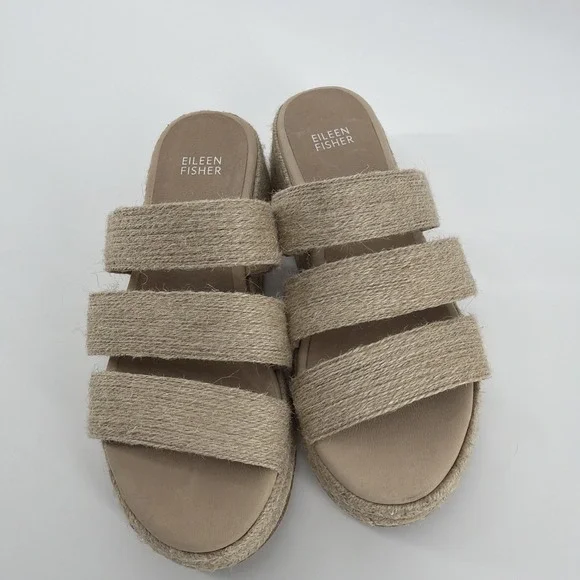Eileen Fisher‎ Womens Jute Triple Strap Platform Espadrille Slide Sandals 8.5