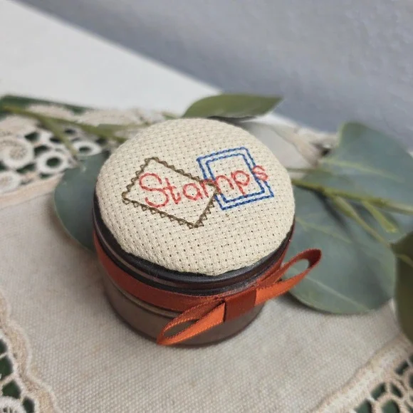 Vintage Wooden Stamp Box Cross Stitched Lid Round‎ Dark Wood Desk Organizer