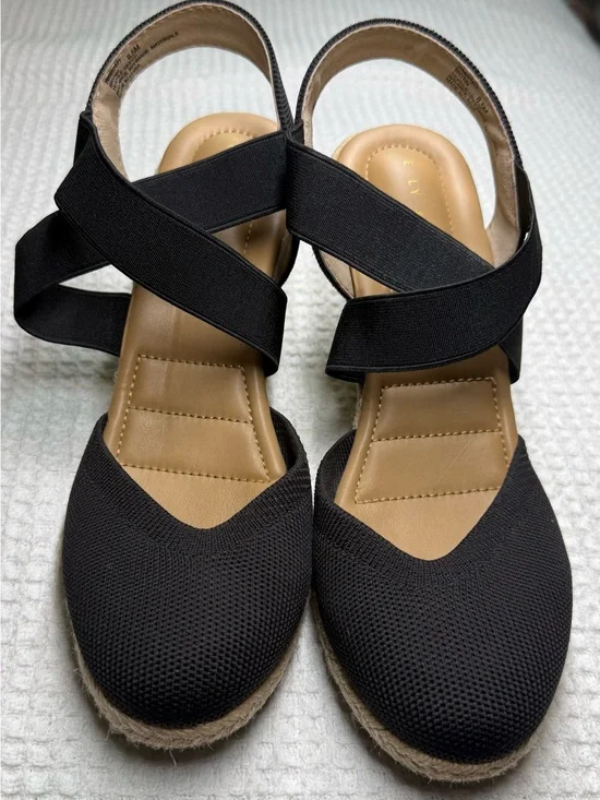 Kelly & Katie Black Espadrille Wedge Sandals with Crisscross Straps