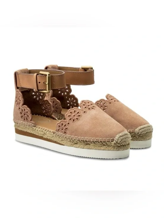 See by Chloé Glyn Suede Floral Espadrille Platform Shoes Pink EU 39 Excellent!